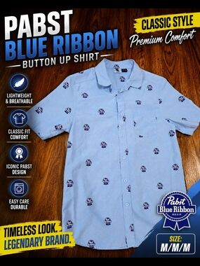 Pabst Blue Ribbon Beer Button Up Shirt Mens Medium Light Blue All Over Logo Prin